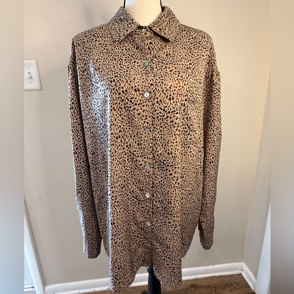 POL leopard print button up shirt black tan brown SZ M